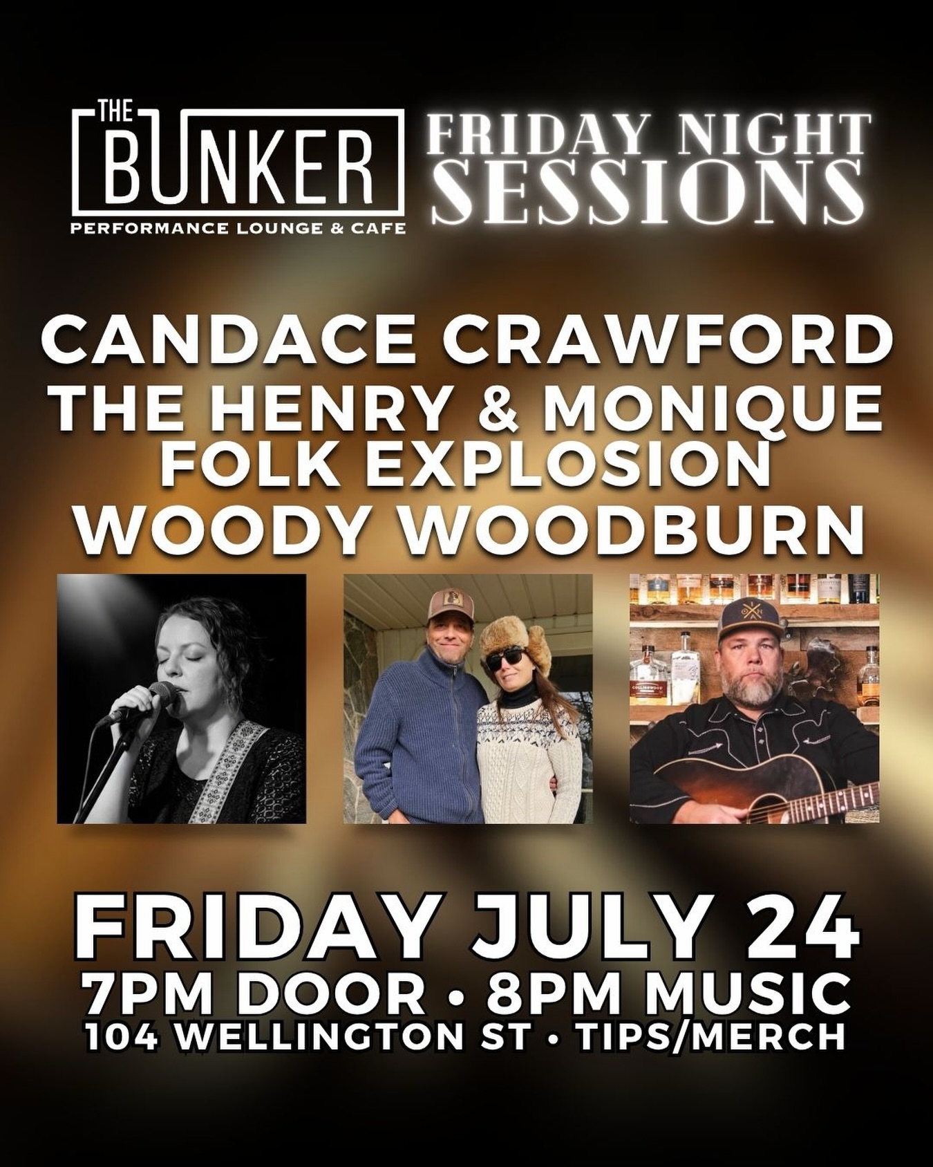 Join us for a Friday Night Sessions featuring Candace Crawford, The Henry & Monique Folk Explosion, and Woody Woodburn.