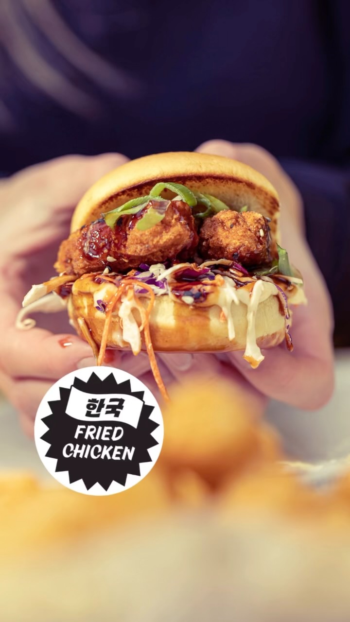 Korean Fried Chicken-Ish slider. ‘Slaw, KFC sauce, mayo, sesame, Beyond Meat chicken. Sweet, spicy, crunchy.
