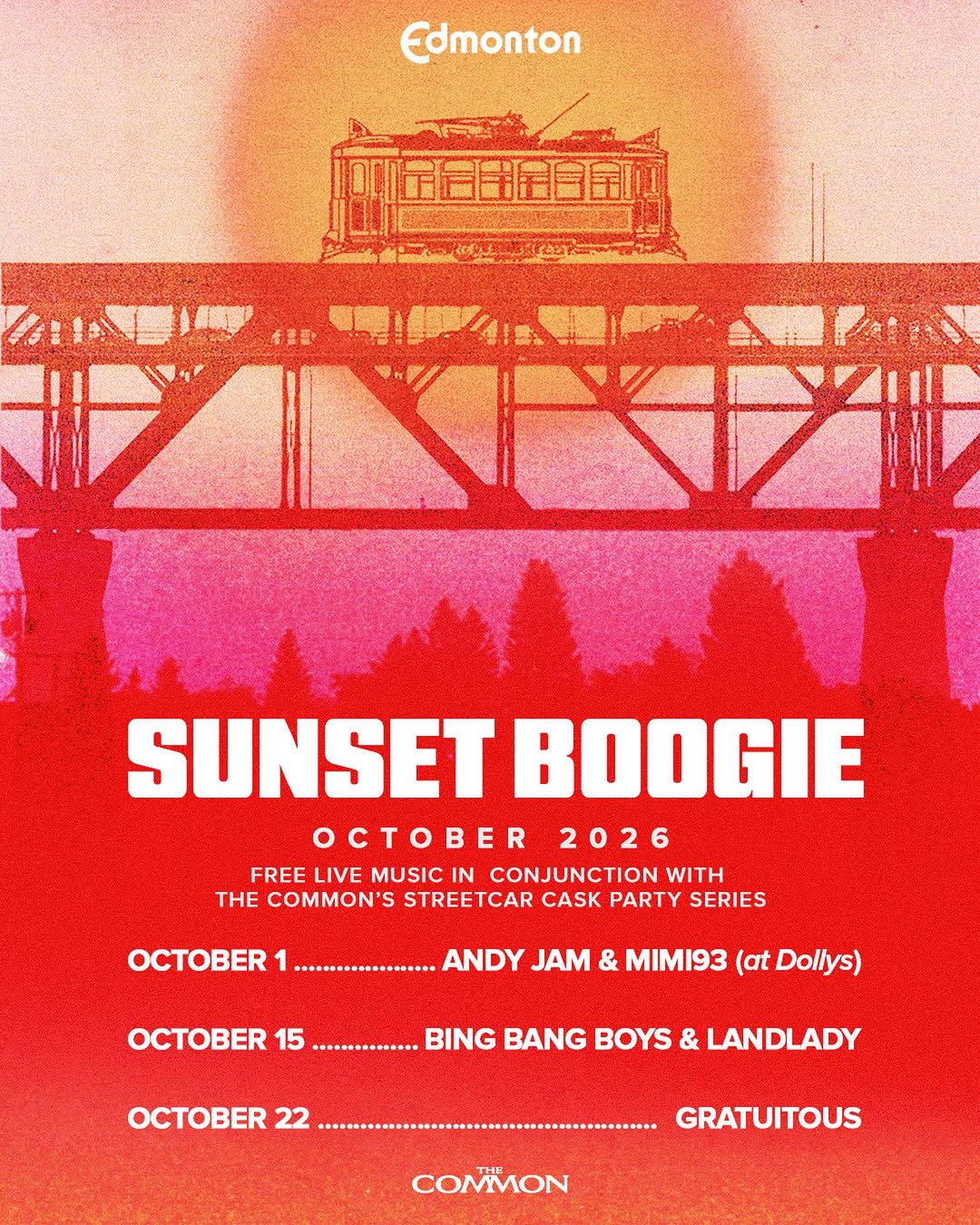 Our Sunset Boogie line up for the month of October. Free live music every Thursday at the Common (unless otherwise noted