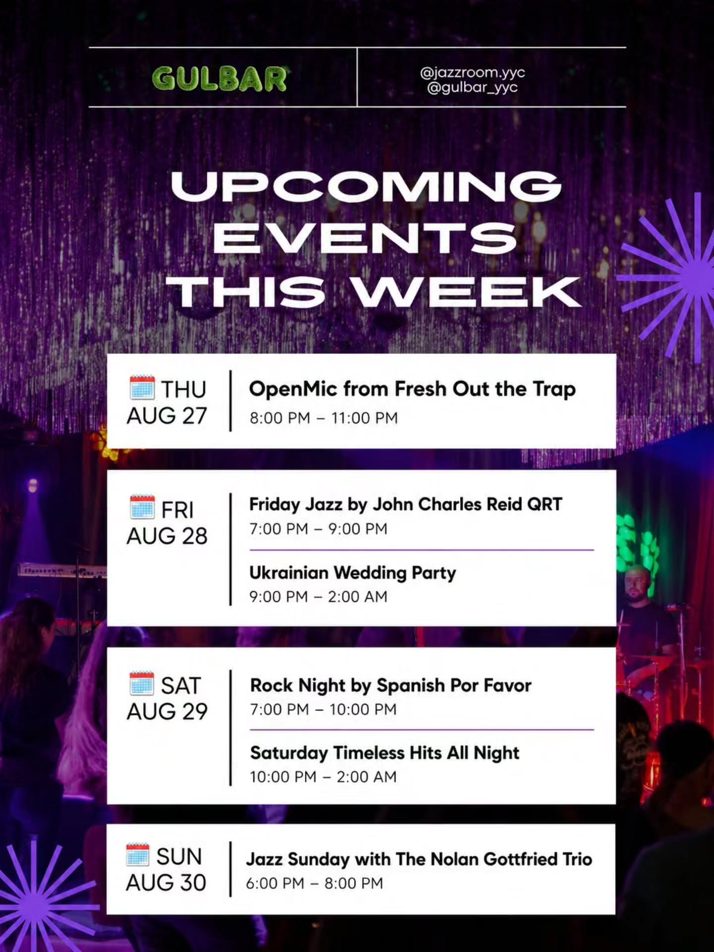 A full week at GULBAR is coming 💜 From Daily Specials on Wednesday to live jazz, Open Mic, rock, Ukrainian vibes and la