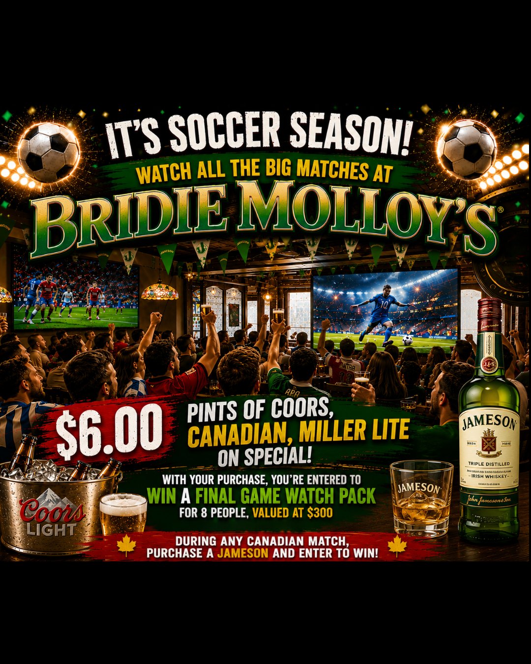 ⚽ Catch every match at Bridie Molloy's, where the atmosphere is as good as the action. With TVs throughout the pub, you