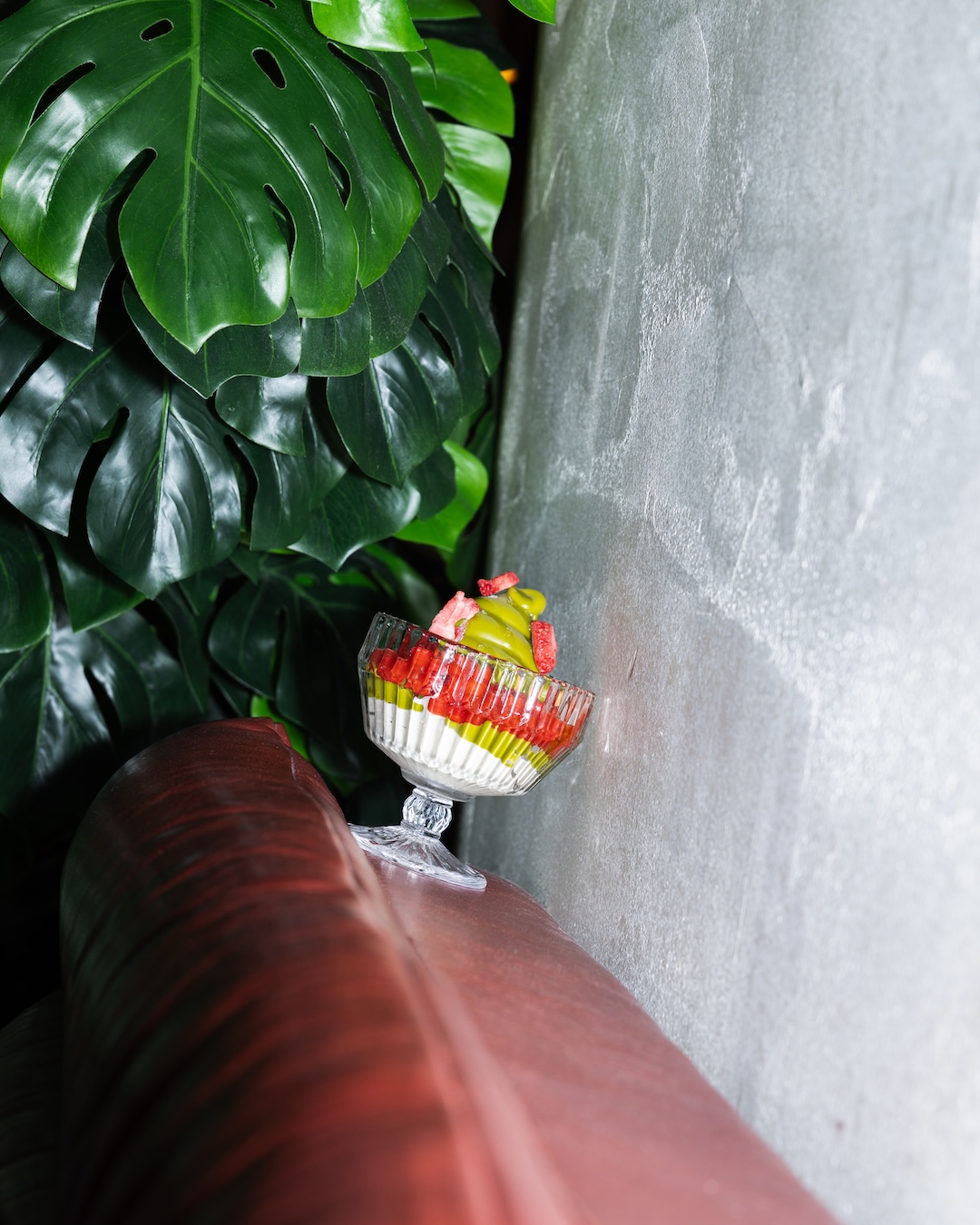 Spotted: A totally crushable dessert. Soft serve under a crunchy matcha shell, jammed up with a strawberry-rhubarb compo