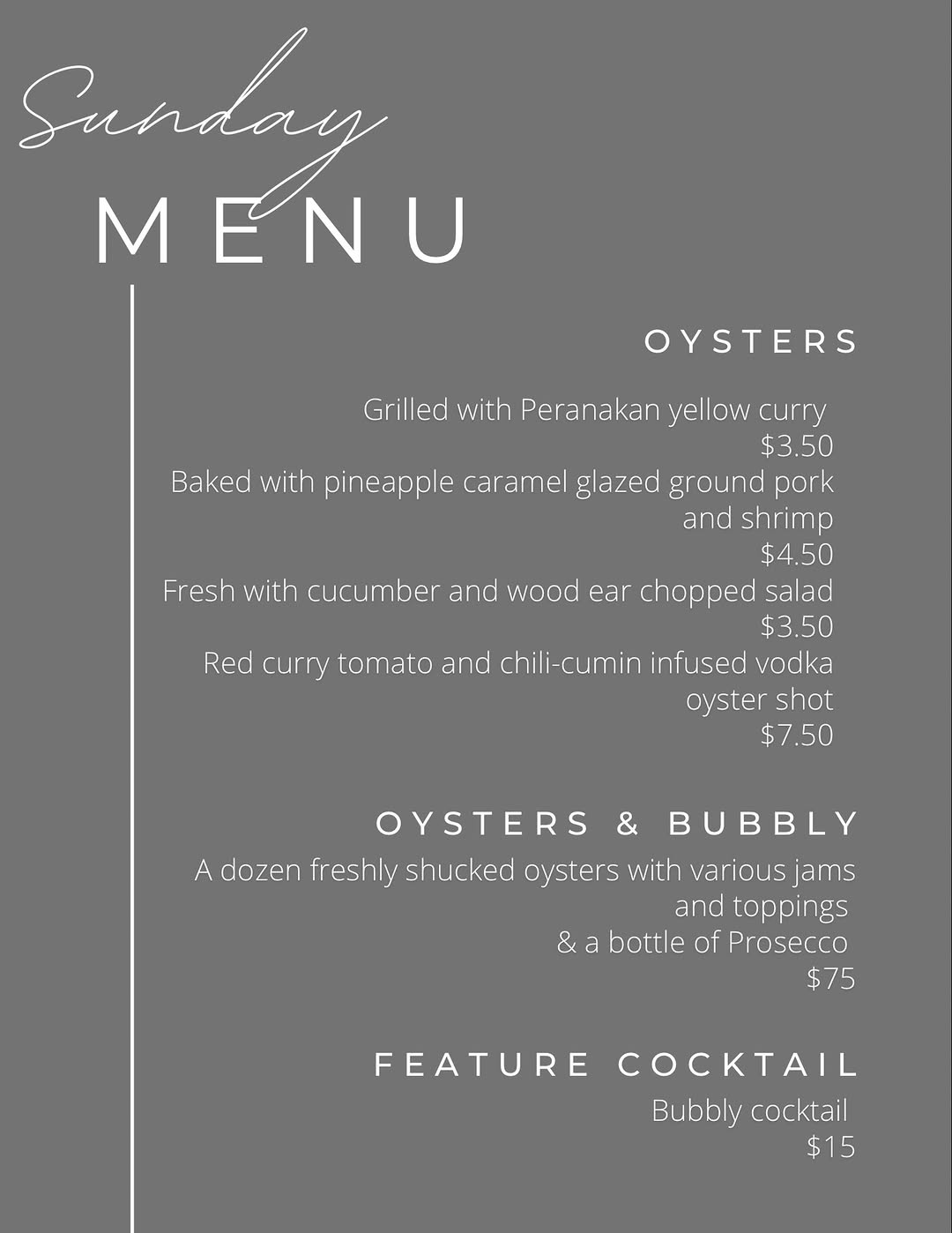 Sundays are best spent with oysters, bubbly, impeccable service, and even better company.