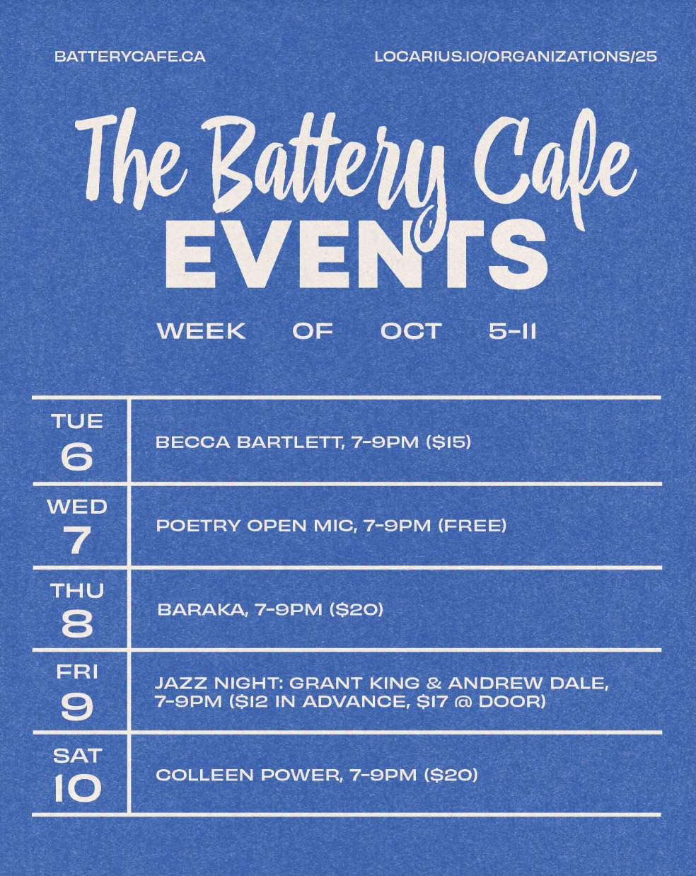 🪩 🪩 THE BATTERY CAFE EVENTS CALENDAR FOR THIS WEEK: