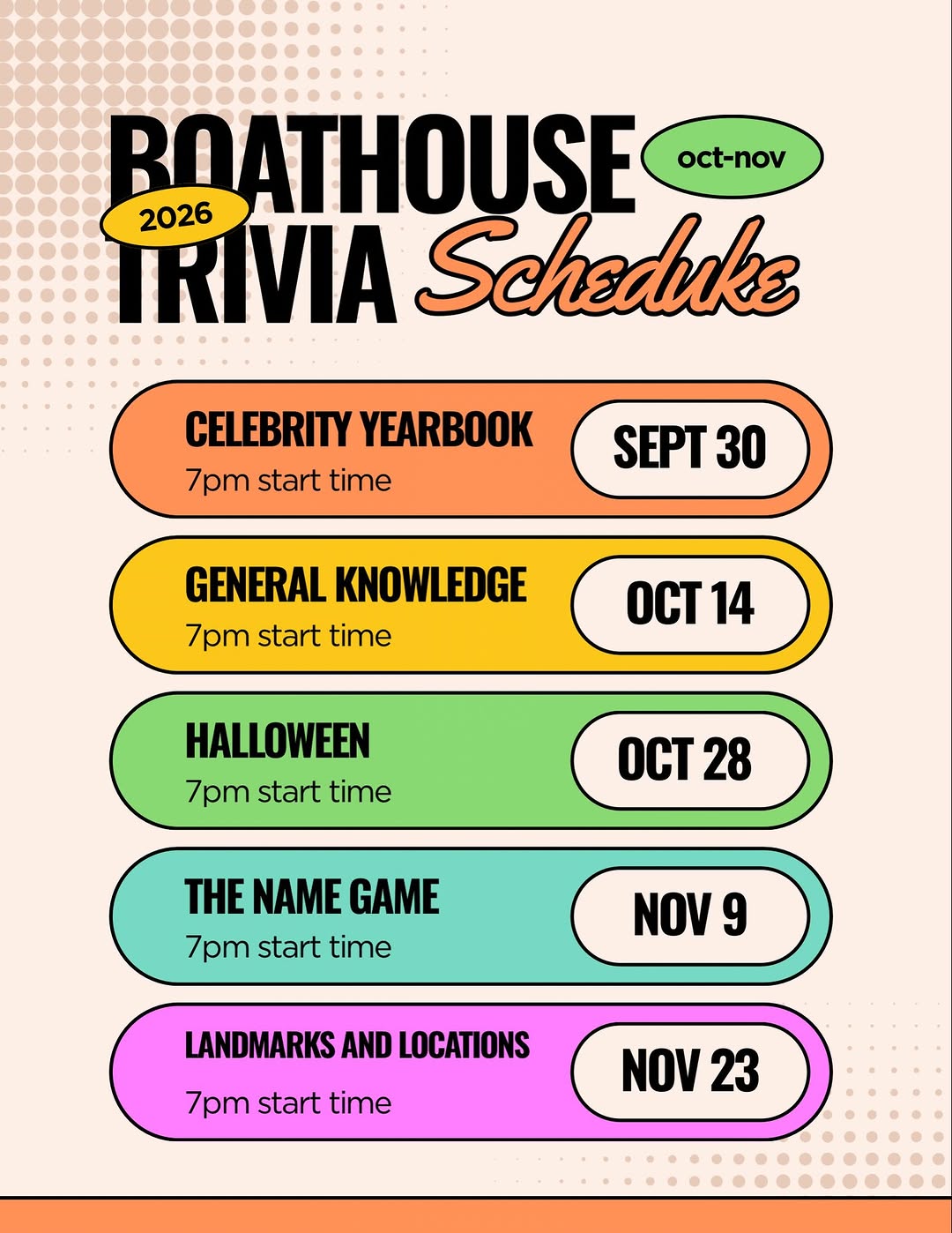 Boathouse! Mark your calendars, we’ve got dates and themes all the way up to December, and we can’t wait to see you ther