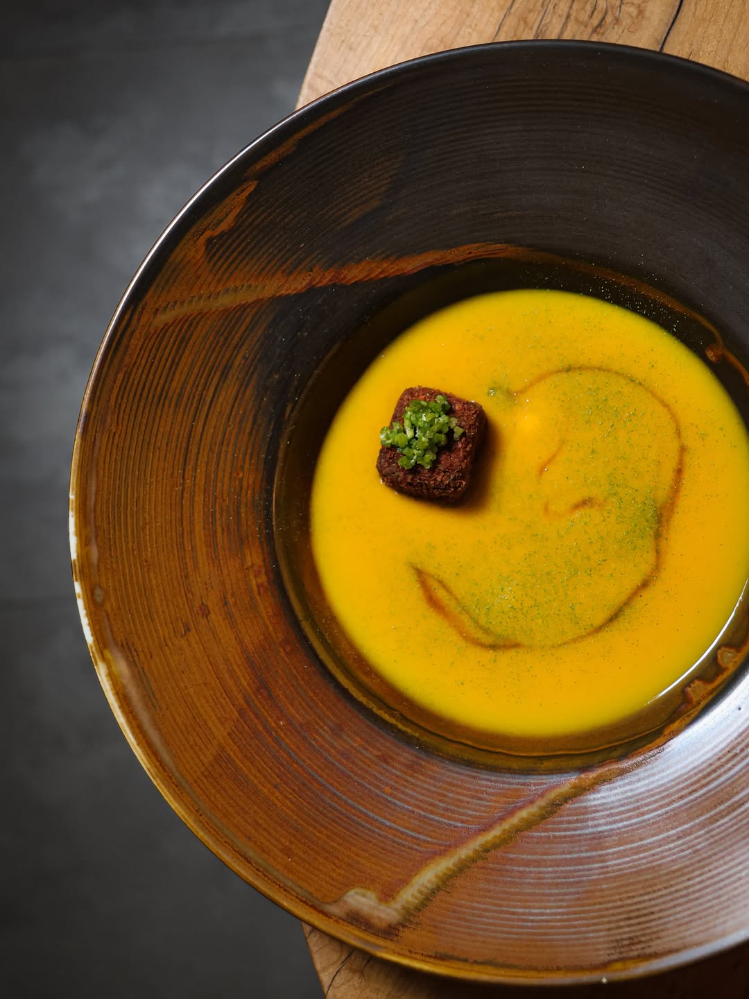 Chef’s menu Autumn Squash & Lemongrass Velouté - cookstown cherry tomatoes, niagara peach, nam jim, candied cashews