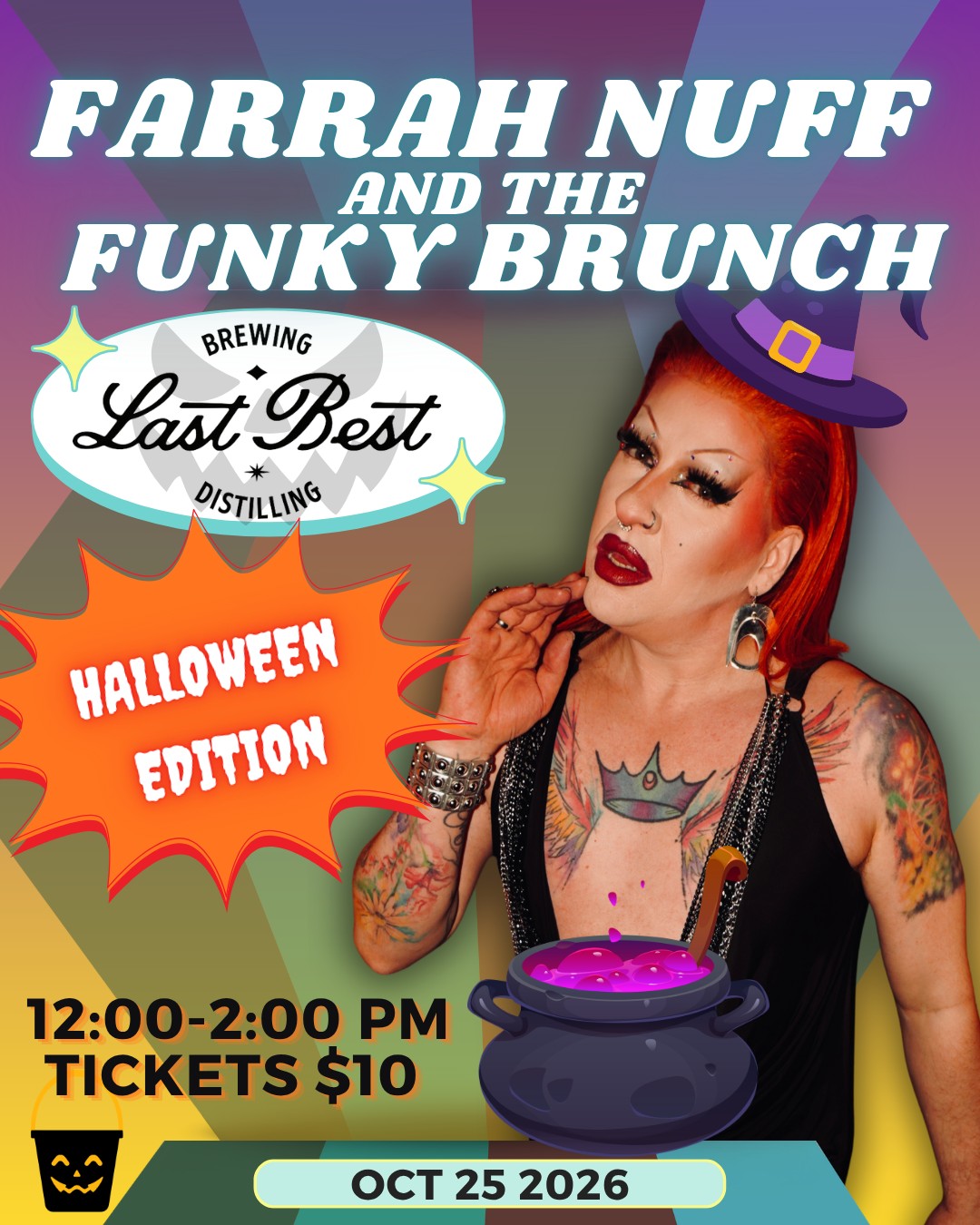 🎃✨ We’re thrilled to welcome back Farrah Nuff & The Funky Brunch for a spooktacular Halloween Edition Drag Brunch! 👻🌈