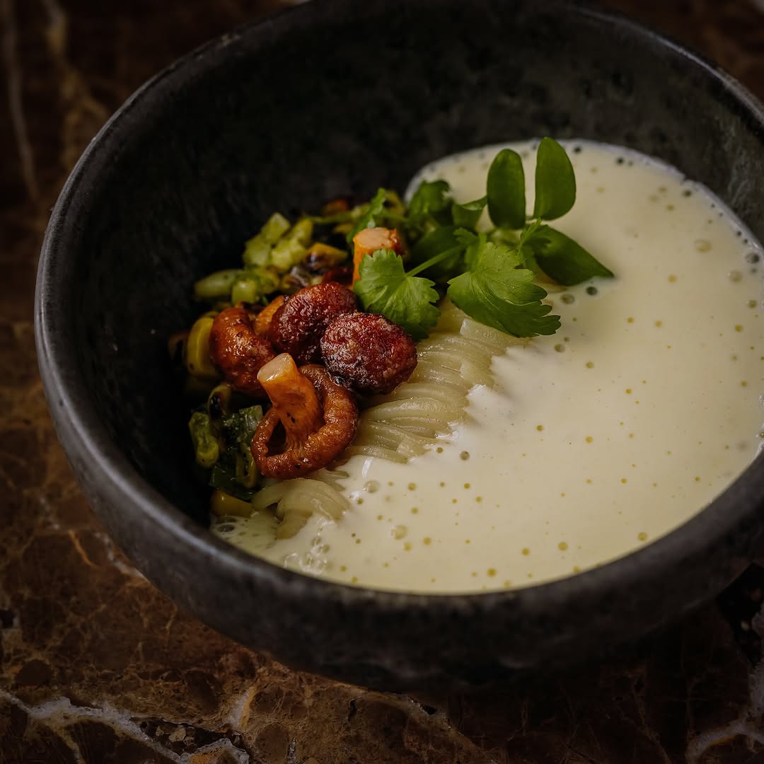 alkaline noodle, grilled corn, aerated corn velouté, chanterelle